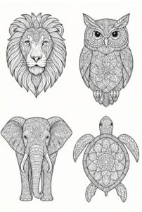 Auf diesem Bild sieht man 4 Tiere als Mandala zum Ausmalen.
